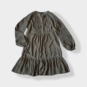 Banana Republic Mini Dress Tiered Gathered Shift Military Green Long Sleeve M